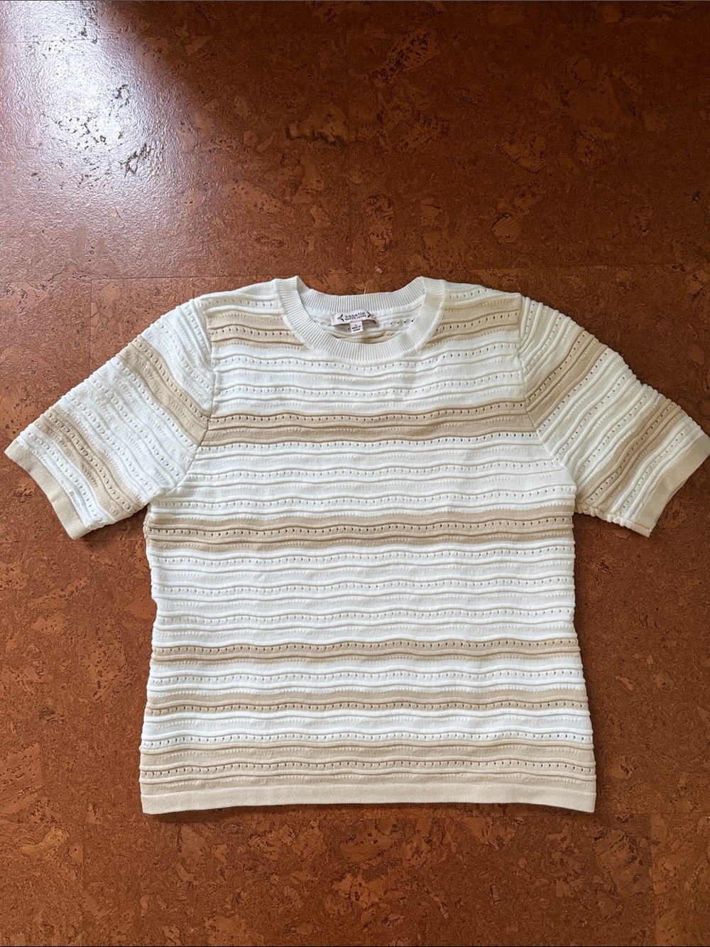 Nanette Lepore Cream and Tan Striped Short-Sleeve Knit Top